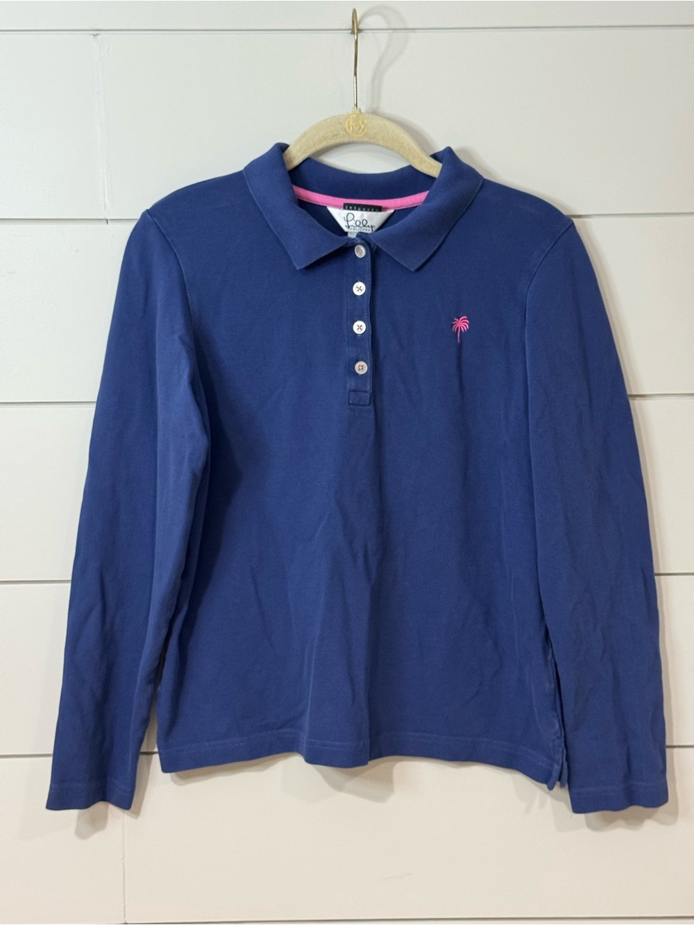 Lilly Pulitzer Navy Long-Sleeve Polo Top with Pink Palm Embroidery Size M